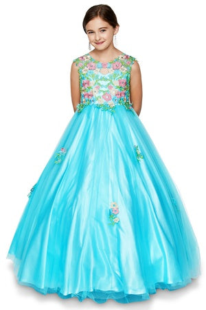 Vestido de dama de honor junior de tul de encaje bordado floral rosa aguamarina para niñas grandes 8-16